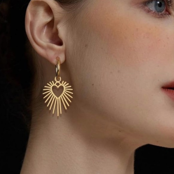 Gold Heart Sunburst Hoop Earrings hypoallergenic hoops - Picture 2 of 3